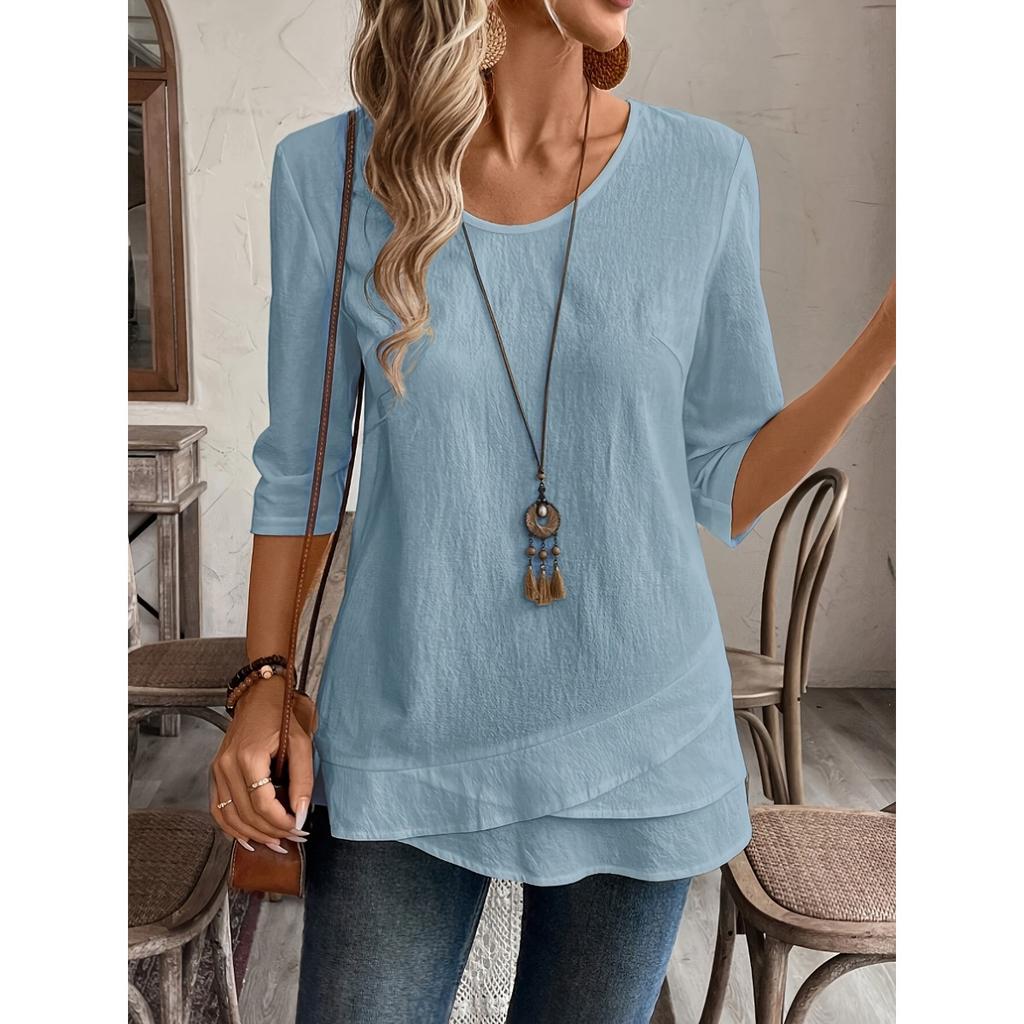 Ladies' Detail V-neck Patch Splicing Design Solid Color Shirt