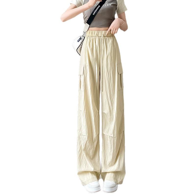 Women's Small Straight Leg Work Pants - Summer Ice Silk, Designer-Style, Elastic High Waist, Wide Leg, Floor-length