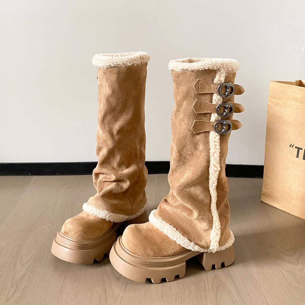 Thick-soled boots Wowinter warm inner heightening plush piled pants tube boots but knee-high knight boots