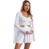 Womens Halloween Cosplay Costume V Neck Long Sleeve Metallic Trim Chiffon Cape Dress Roman Dress Up