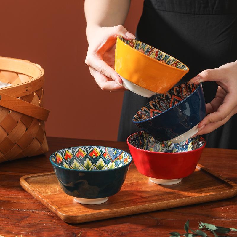 Bohemian Ceramic Rice Bowl Set - High-Temp Resistant, Colorful Underglaze Design