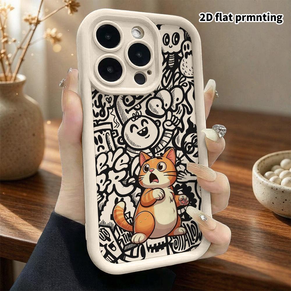 Phone case: 2D flat design suitable for iPhone 18 17 16 15 14 13 Pro tiered protective case, surprised orange cat, Christmas and Halloween gift