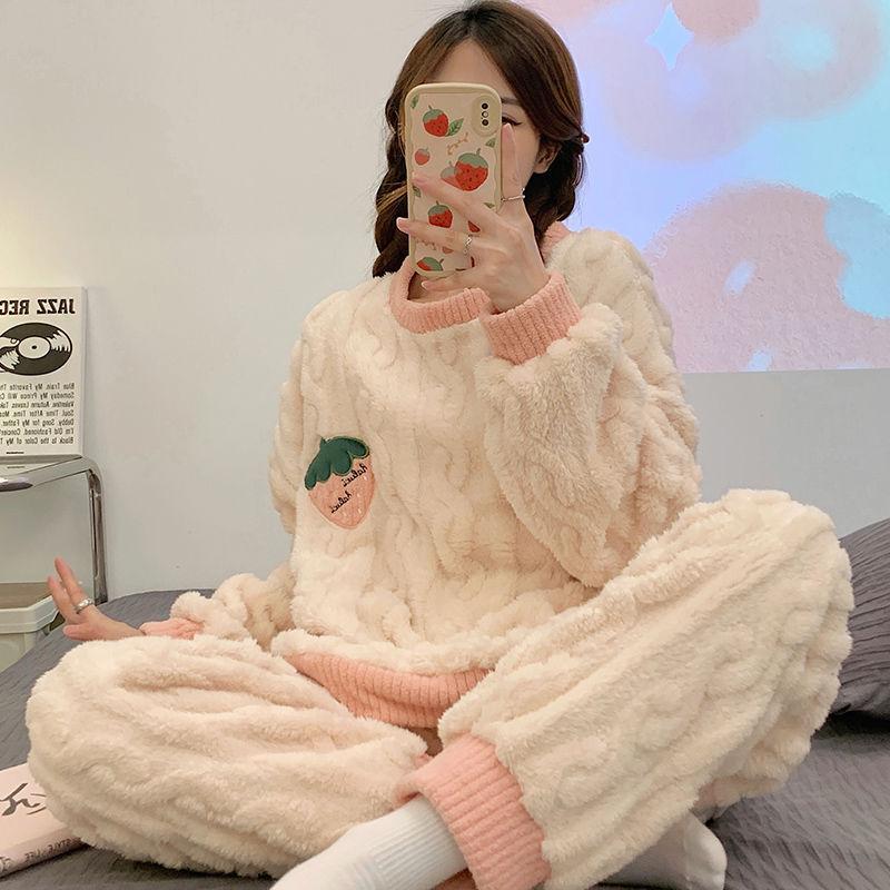 Autumn/Winter Coral Velvet Pajamas for Women Warm Casual Flannel with Velvet Thickened Can Be Worn Outside The Home Suit