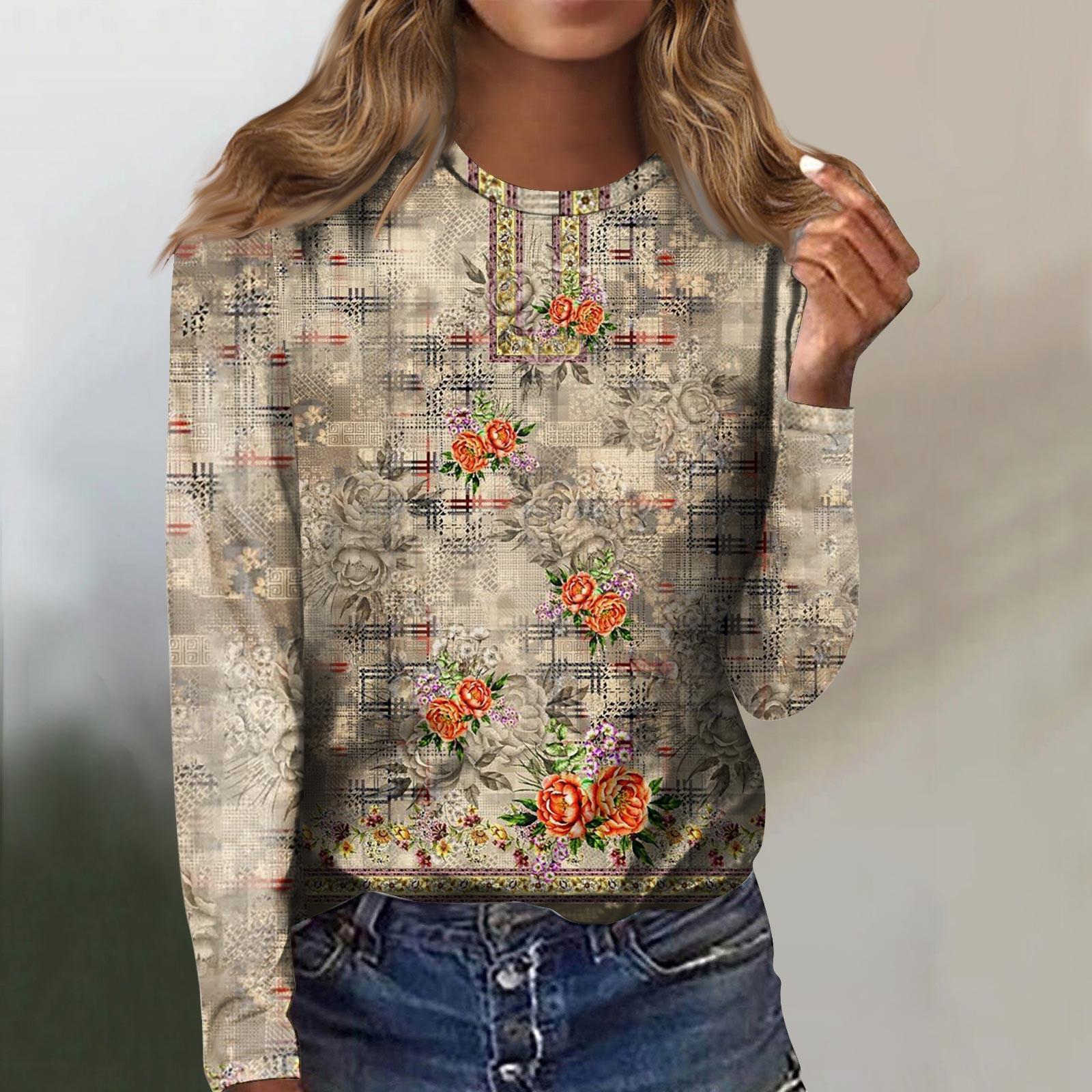 

Женская мода, повседневная блузка с длинным рукавом и круглым вырезом, пуловер с принтом XXL коричневый