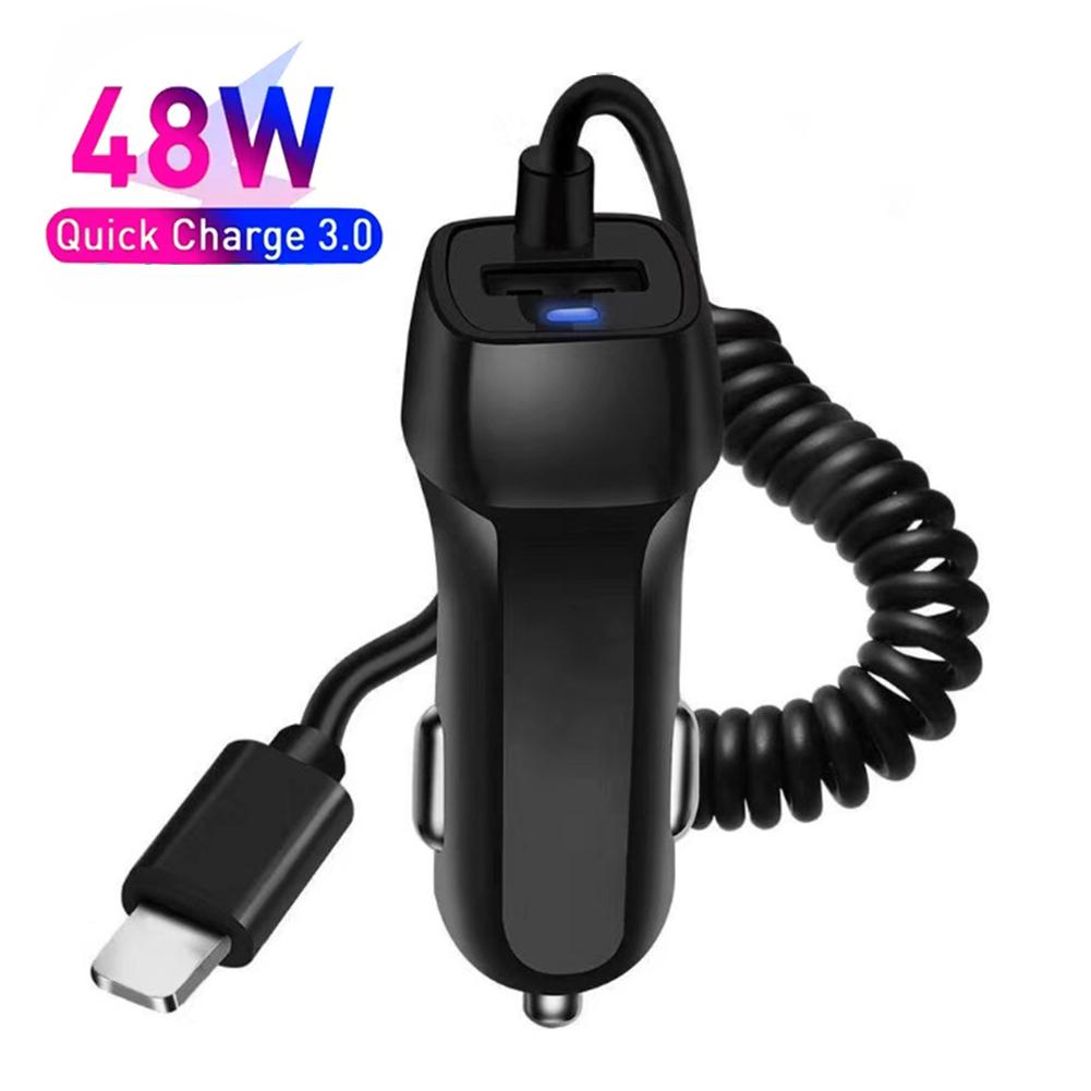 48W Autoladegerät Mit Feder-USB-Typ-C-Kabel Für iPhone 12 11 XR 8 Zigarettenanzünder USB LKW Auto Ladegerät Für Android iPhone