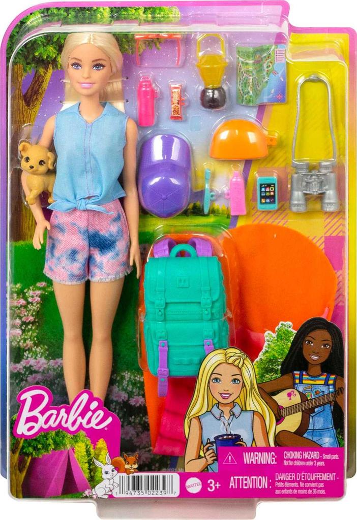 Barbie It Takes Two „Malibu“ Camping-Puppe (11,5 Zoll Blond) mit Haustierwelpe, Rucksack, Schlafsack & 10 Campingzubehör, Geschenk für 3- bis 7-Jährige