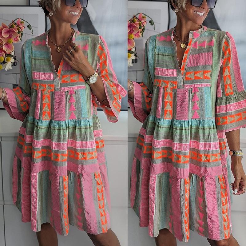 Women's Summer New Dress European And American Color Printing V-neck Three-quarter Sleeve Shirt Long Skirt