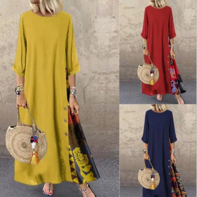 Cotone Lino Vintage Lungo Abiti Donna Tre Quarti Maniche Splicing Stampa A-line Largo Vestito Moda Casual Signora Maxi Vestido