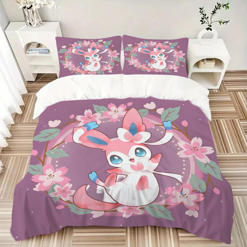 3pcs Sylveon Bedding Set - Includes 1 Quilt Cover and 2 Pillowcases, Comfortable Bedding with Stylish Design for Bedroom, Machine Washable -