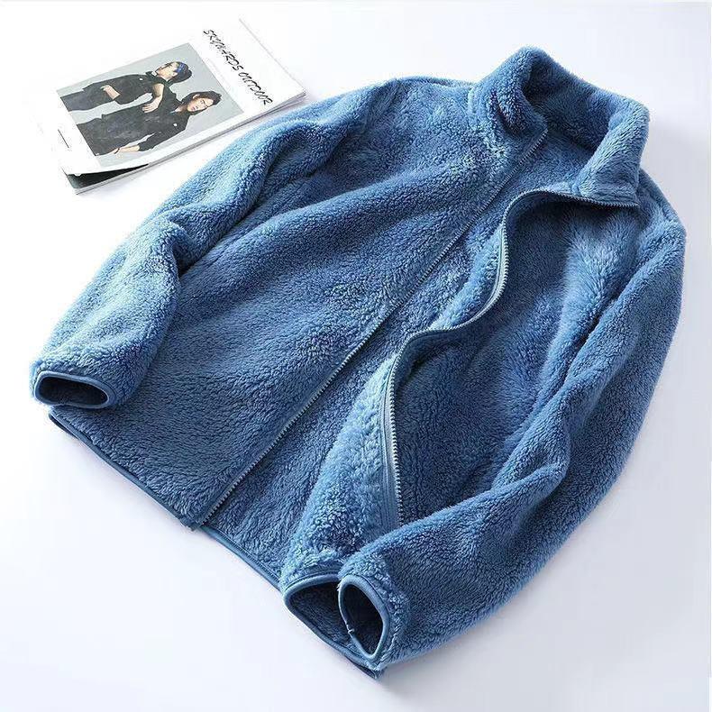 Women's Double-Sided Fleece Jacket - Warm Stand Collar, Long Pile Zipper, Short Cardigan Style Sweatshirt.
