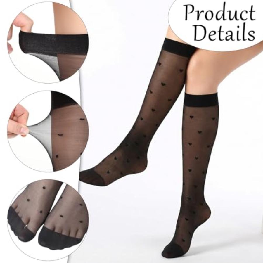 3Pairs Polka Dot Knee High Stockings For Women, Multicolor Sheer Nylon Knee Socks, Soft Cuff, Thin Dress Hosiery Socks