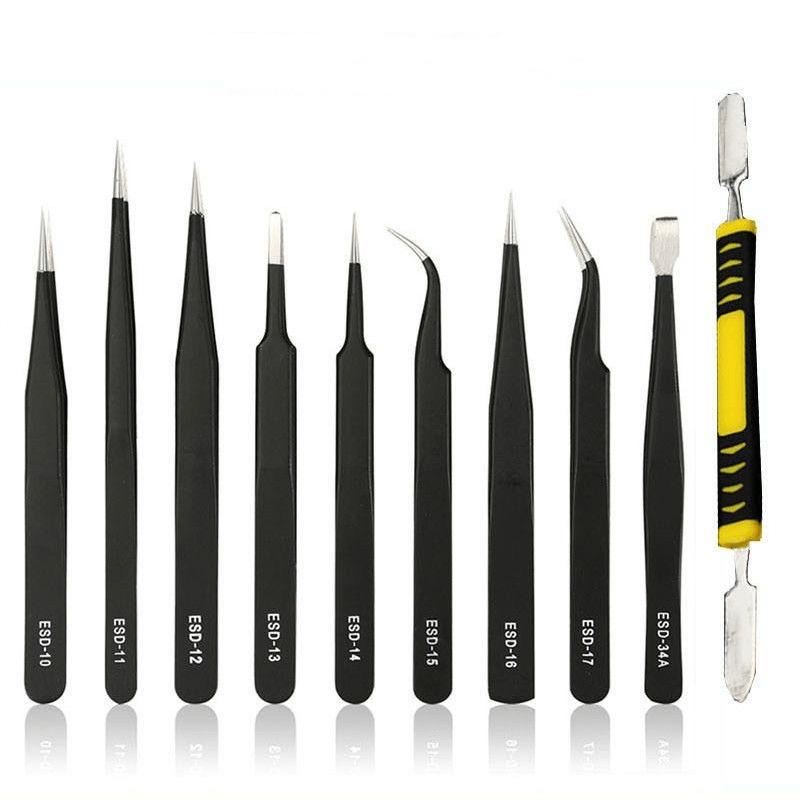 10/11pcs Complete Set of Industrial Tweezers, Stainless Steel Precision Bending Straight Tweezers, Anti-static ESD Maintenance T