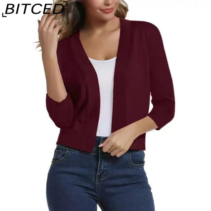 

BITCED Women s Knitwear Elegant Minimalist Versatile Short Cardigan Spring/Fall Knit Cardigan M бордовий