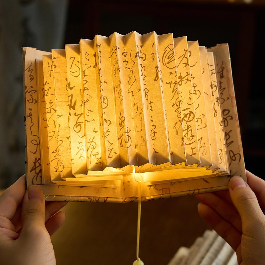 Chinese Fan Shaped Book Lamp Glass Bead Lamp Series Artistic Calligraphy Famous Paintings DIY Handmade Desktop Ornaments