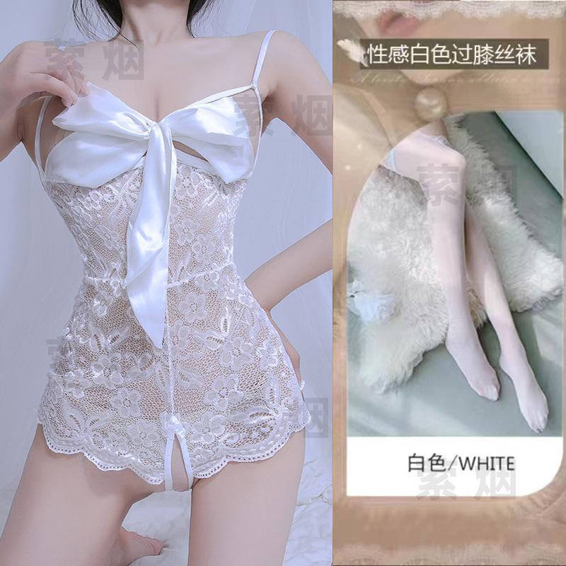 Sex underwear lace temptation transparent hollow sexy onesie bow qqny open uniform set