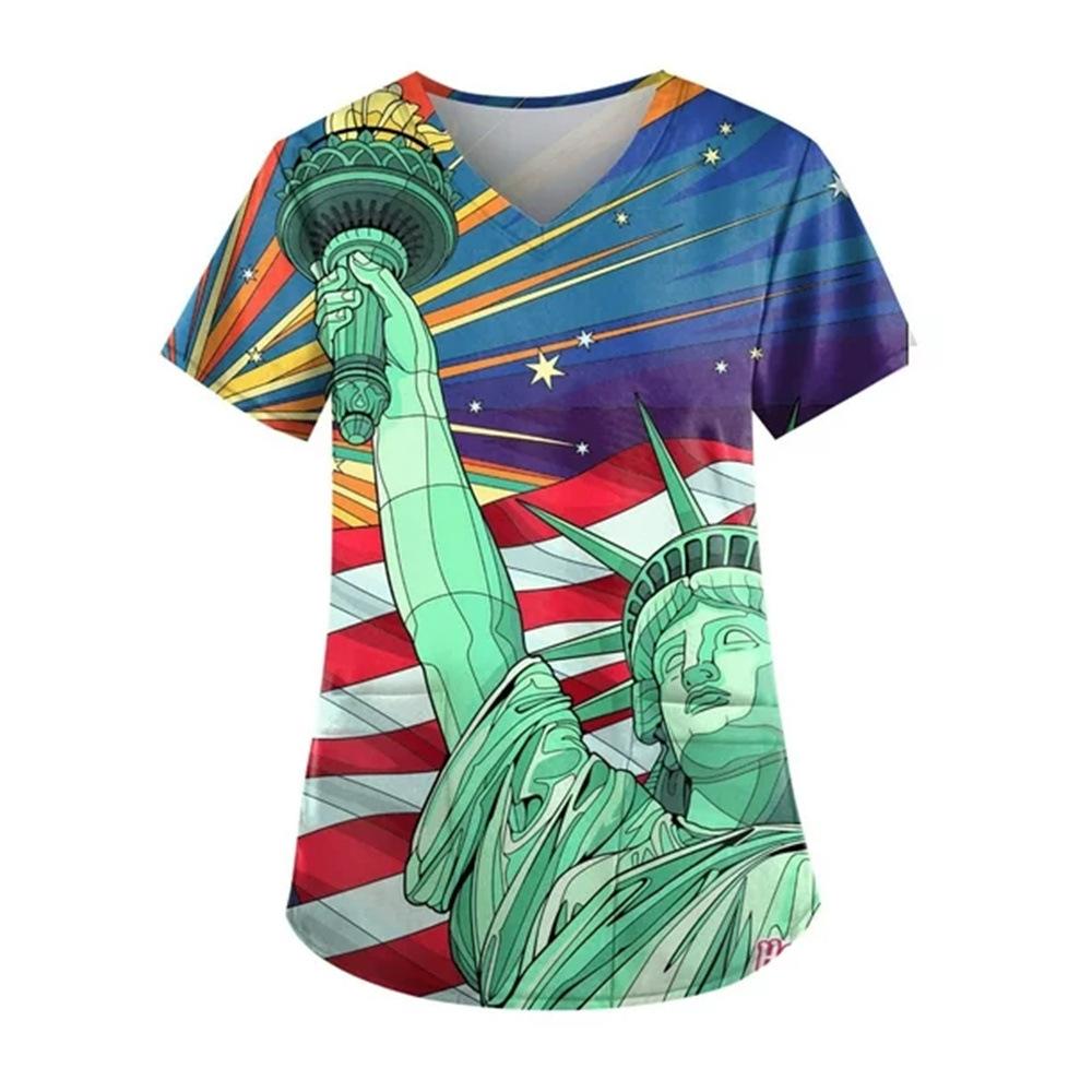 Women's T-shirt V-neck Nurse Uniform Star Print Casual Comfortable Short Sleeved Women's T-shirts