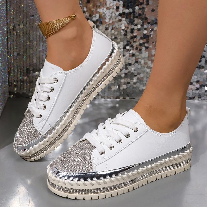 Women's Casual Shoes, Sizes 35-43 Flat-Soled, Diamond-Studded Lace-Up Sneakers Thick-Soled White Sneakers Women's Athletic Slip-Ons