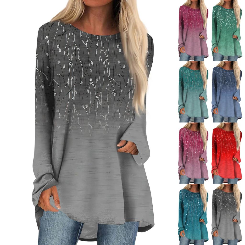 Women's Fashion Casual Long Sleeve  Print Round Neck Pullover Top Blouse