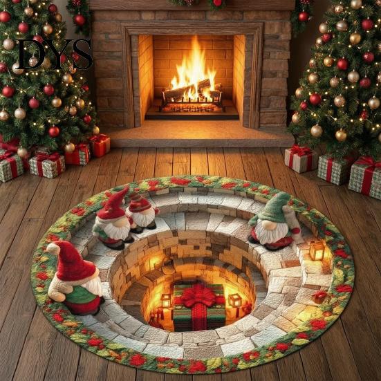 Cozy Indoor Floor Covering Christmas Round Rug, 3D Illusion Mat, Holiday Winter Carpet, Soft Gnome Deer Crystal Velvet Mat Santa House Festive Rug for