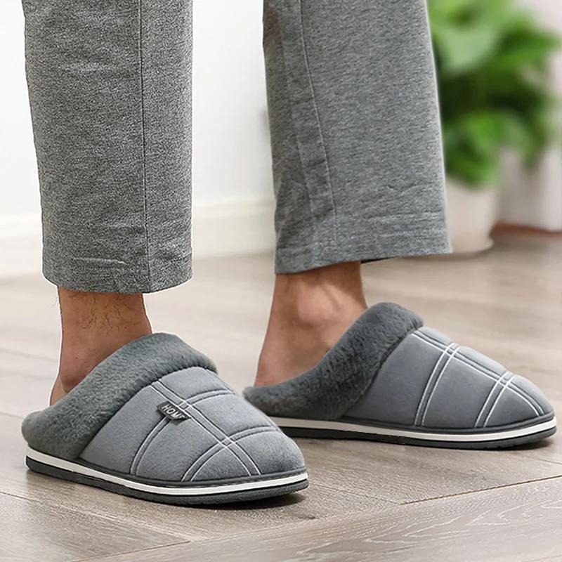 Plus Size Plaid House Slippers for Man Winter Plush Indoor Male Shoes Warm Home Slippers Non Slip Flat Cotton Bedroom Houseshoes