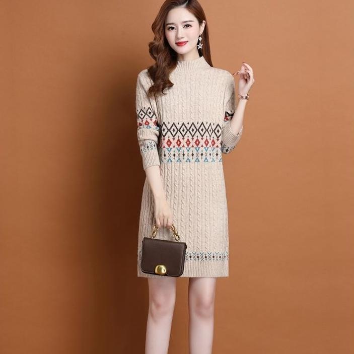 Slim Sweater Dress for Women In Winter Thickened and Warm Half Turtleneck Pullover Solid Color Casual Mid-length Knitted Sweater