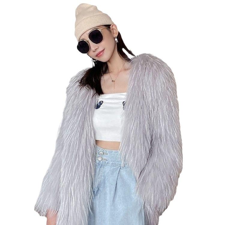 Fashion new imitation raccoon fur woven fur coat women's medium and long fur coat autumn and winter light