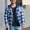 Plaid Flannel Shirt Jacket Men‘s Quilted Lined Coats with Removable Hood Winter Thick Hoodie Outerwear Heavy Shirts