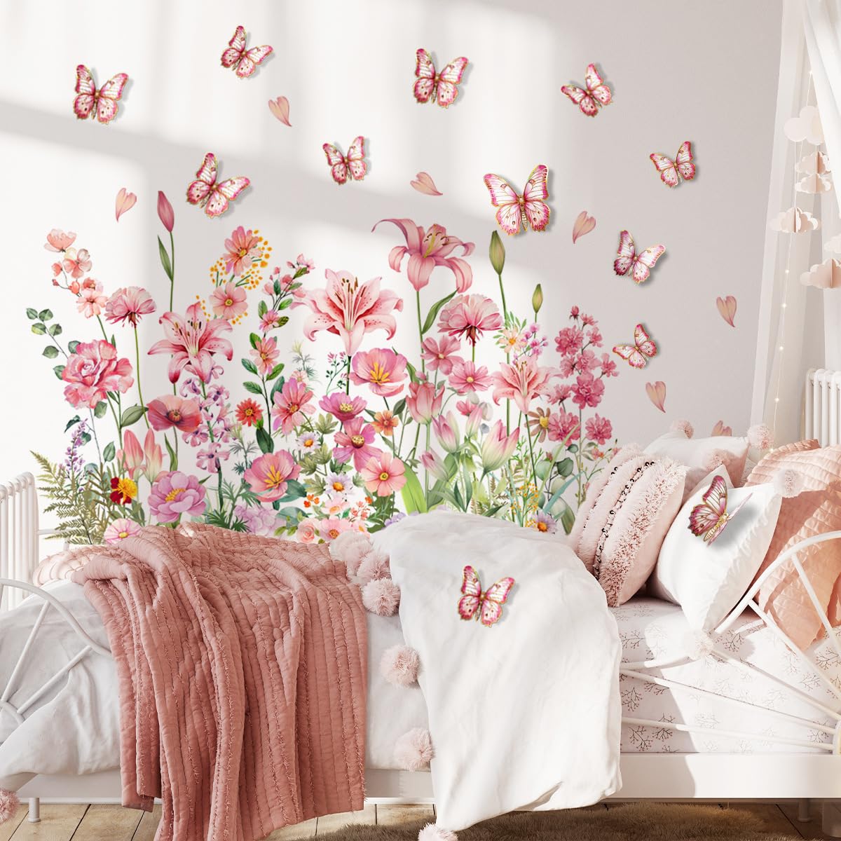 

3D Butterfly and Flower Wall Stickers Pink Flowers 12 Removable Butterflies Flowers Springtime Green Leaves Plants Houseplants Stylish Removable розовый