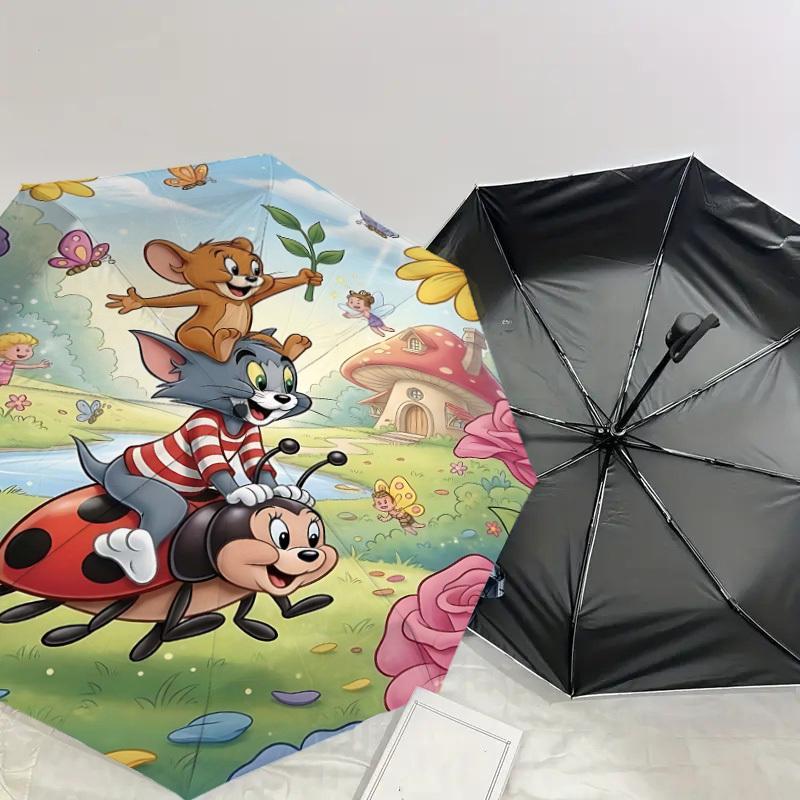 1pc Tom and Jerry Automatic Open/Close Umbrella Compact Folding Umbrella with 8-Rib Shaft Lightweight Esign, for Women/Men1154A