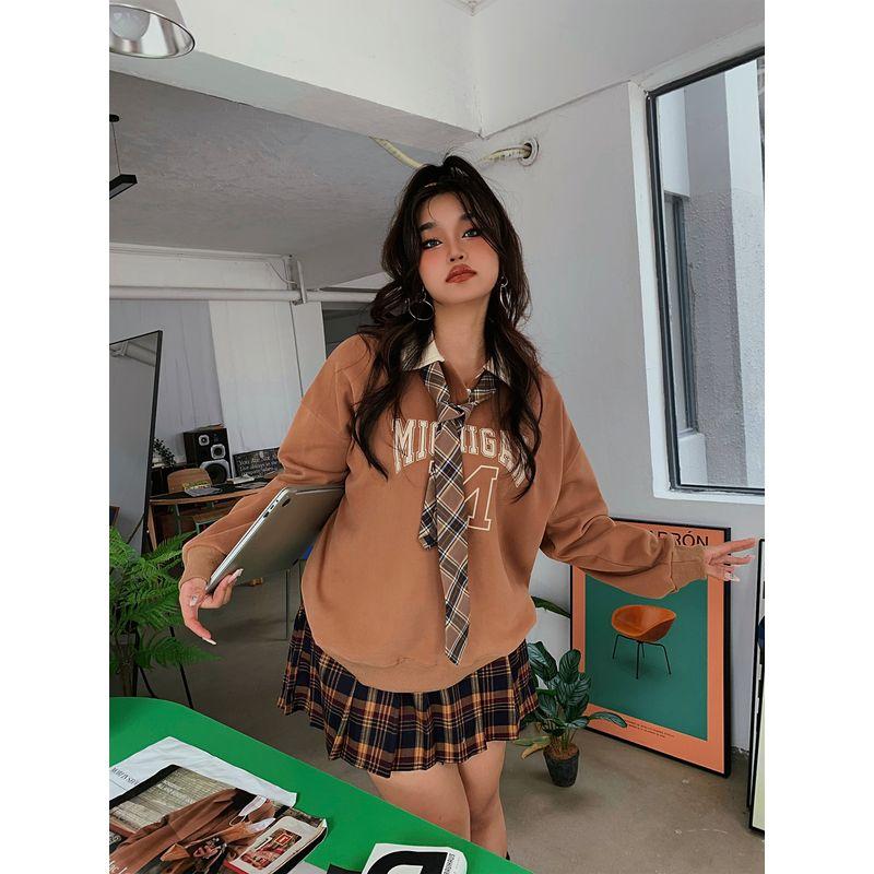 Brother Nan Loose-Fit Preppy-Style Sweatshirt Female Fall and Winter Plus Size Plus Size Ladies Loose Slim Looking Casual All-Match Letters Outer Tops