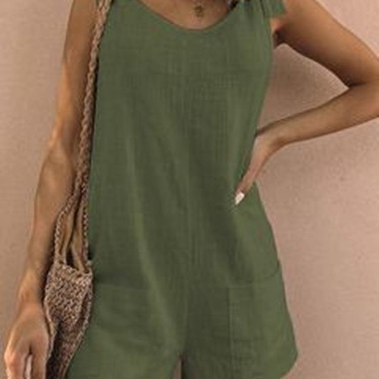 Summer 2025 Solid Color Cotton Linen Jumpsuit with Patch Pockets