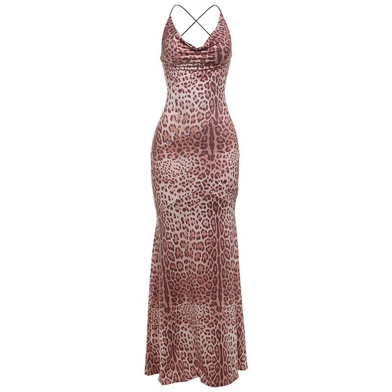 

Fashion 2025 Spring New Arrival Women s Clothing Fashion Leopard Print Printed Sexy Slim Fit Backless V-neck Lace-up Dress Women Leopard print S