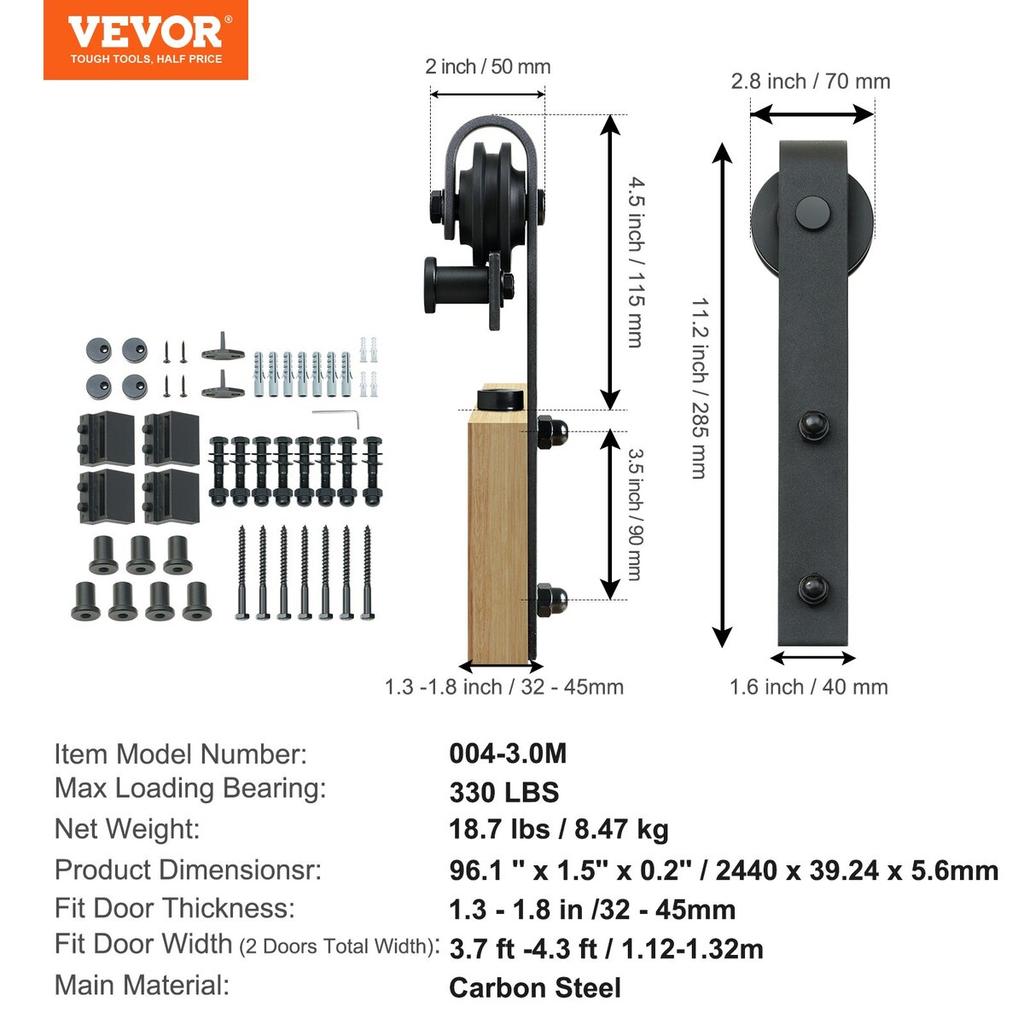 8FT Sliding Barn Door Hardware Kit, 330LBS Heavy Duty Barn Door Track Kit for Double Doors, Fit 3.7-4.3FT Total Wide and 1.3"-1.8" Thick 2 Door Panel,