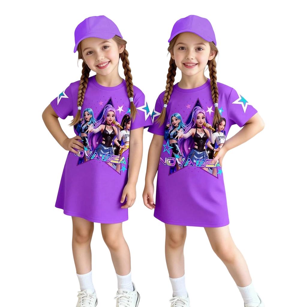Girls Print Casual Dress Kids Loose Round Neck Short Sleeve Thin Sundress