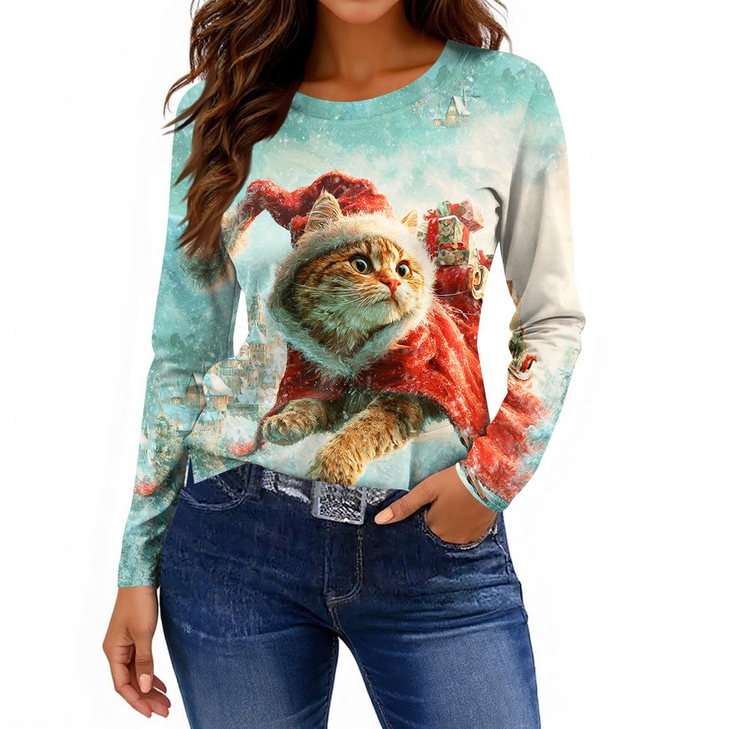 Women's Fashion Casual Slit Hem Round Neck Long Sleeve Loose Printed T-Shirt Ladies Top