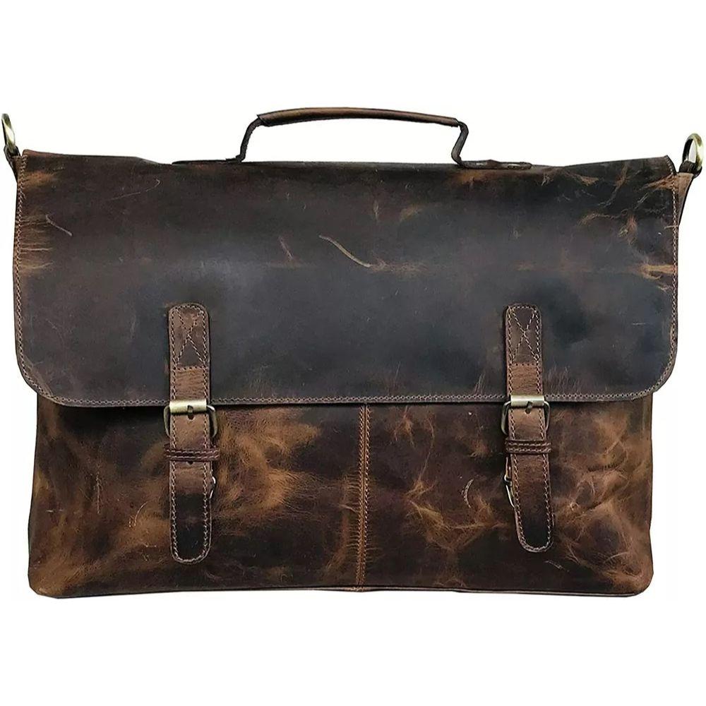 18 Inch Retro Buffalo Hunter Leather Laptop Messenger Bag Office Briefcase