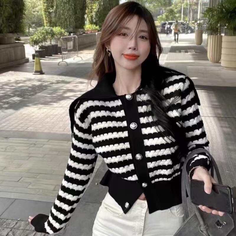 Spring and Autumn Sweater 2022 Cardigan Versatile Sweater Coat Women Stripe  Knitted Cardigan Women