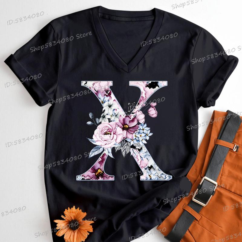 Womens Clothing AZ 26 Alphabet Flower Vintage Design Tshirts Retro Birthday Gift for Women Floral Letters A B C D Classic Top