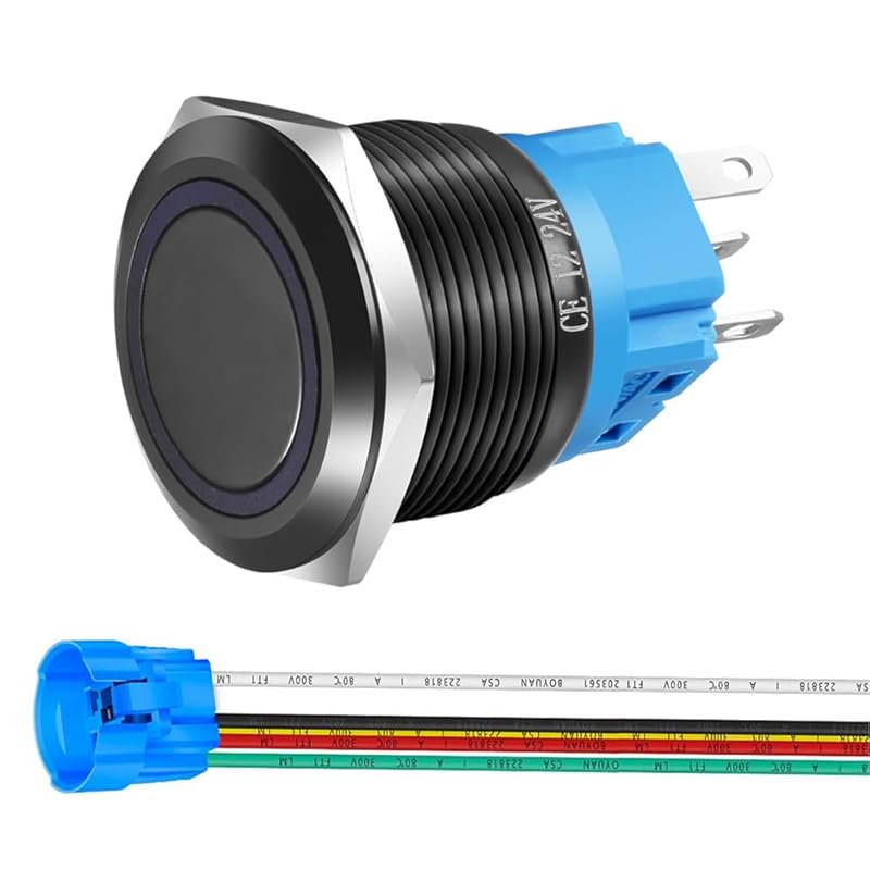 22mm Momentary Push Button with Wire Socket 3A-12-24V(AC/DC) 1NO 1NC SPDT On Off Metal Waterproof IP65 Self Reset (Red&Green LED)