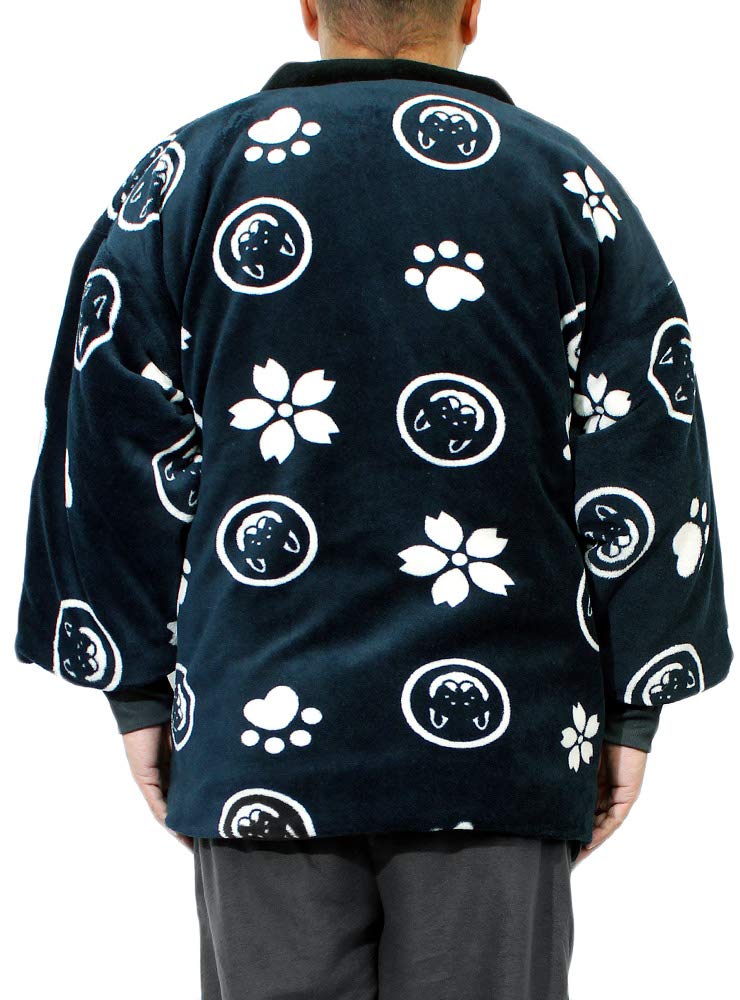 Wankodo Men's Warm Hanten Jacket, Large Size, Boa Fabric, Arabesque Print, Shiba Inu, Kyoto-Originated Mascot, Wankodo Chanchanko, Size LL, Navy