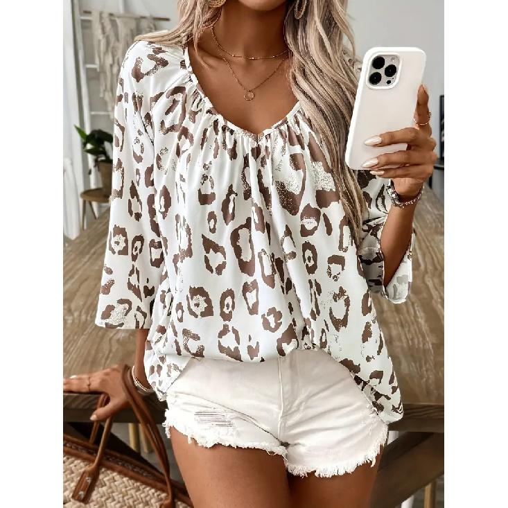 2026 Spring/Summer Leopard Print V-Neck Pullover Casual Women s Top S