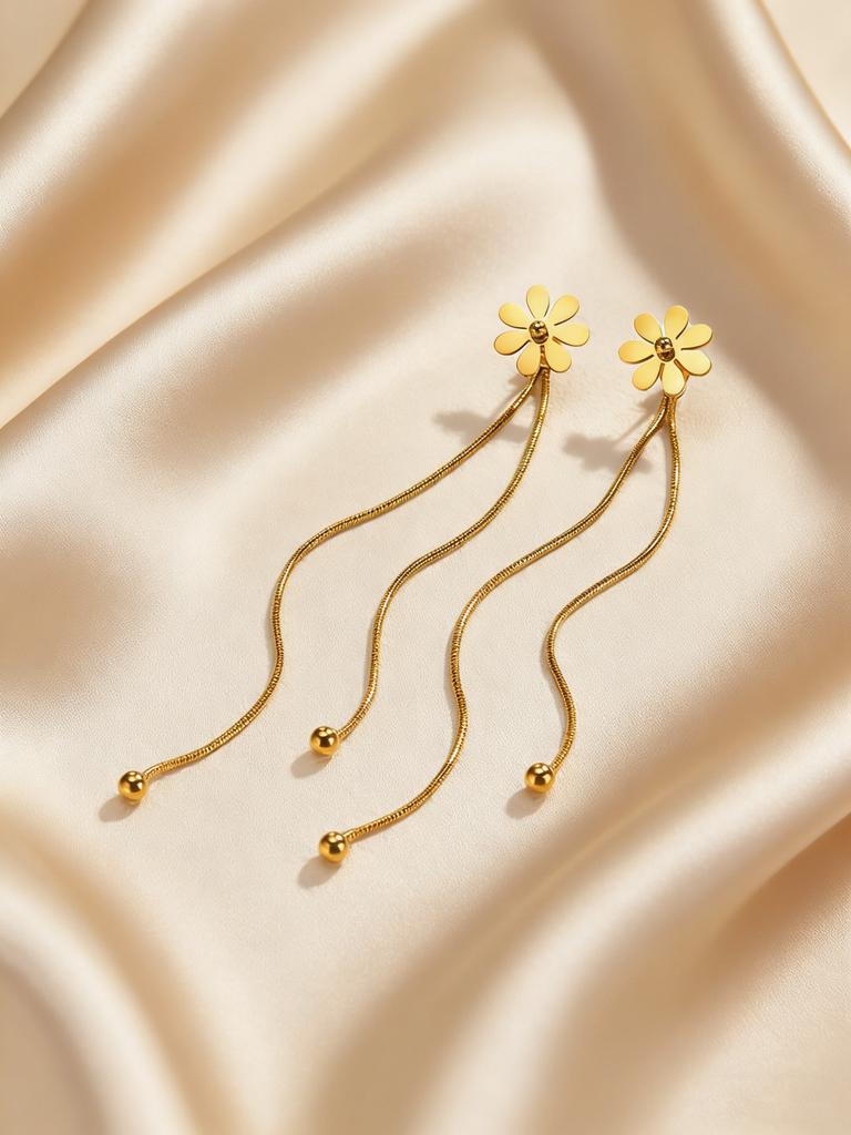 Classic Gold Plated Flower Earrings for Women Long Tassel Chain Stainless Steel Drop Earrings Fashion Popular Jewelry Gifts