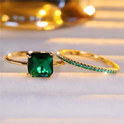 Female Green Round Zircon Stone Engagement Ring Set Cute Yellow Gold Color Wedding Jewelry For Women