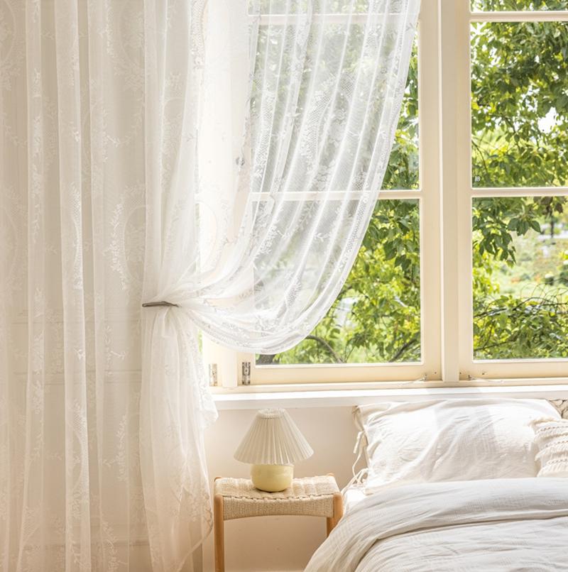 

French Lace Tulle Curtain Dream Curtain Finished Lace Ruffle Retro Light Luxury Living Room Bedroom Gauze Curtain Window Valance W75 x H100cm&Threading Rod