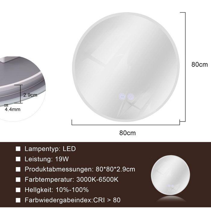 Miroir de salle de bain - NETTLIFE - Miroir rond 80 cm - LED intégré - IP44 - Tactile dimmable