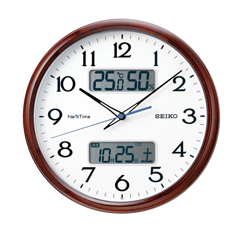 

Seiko Clock Wall Brown Wood 31cm Temperature and Humidity Seiko Next Time ZS252B Clock, 08 Grain, 02 Diameter, Radio-Controlled Analog, Calendar,