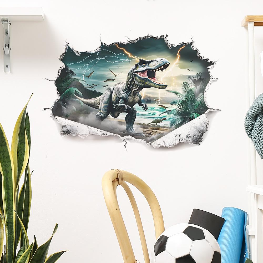 Cartoon Realistic Dinosaur Breaking Through Wall Self Adhesive Wall Sticker for Kids Room Kindergarten Decor