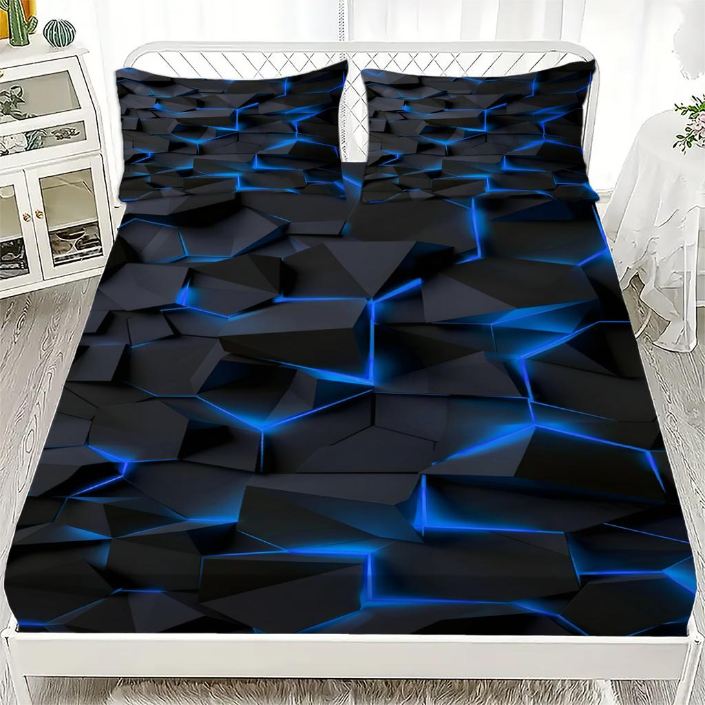 3pcs Fitted Sheet Set Visual Geometry Dizziness Print 100% Polyester Breathable Bedding Set for Home Decor with 2 Pillowcases