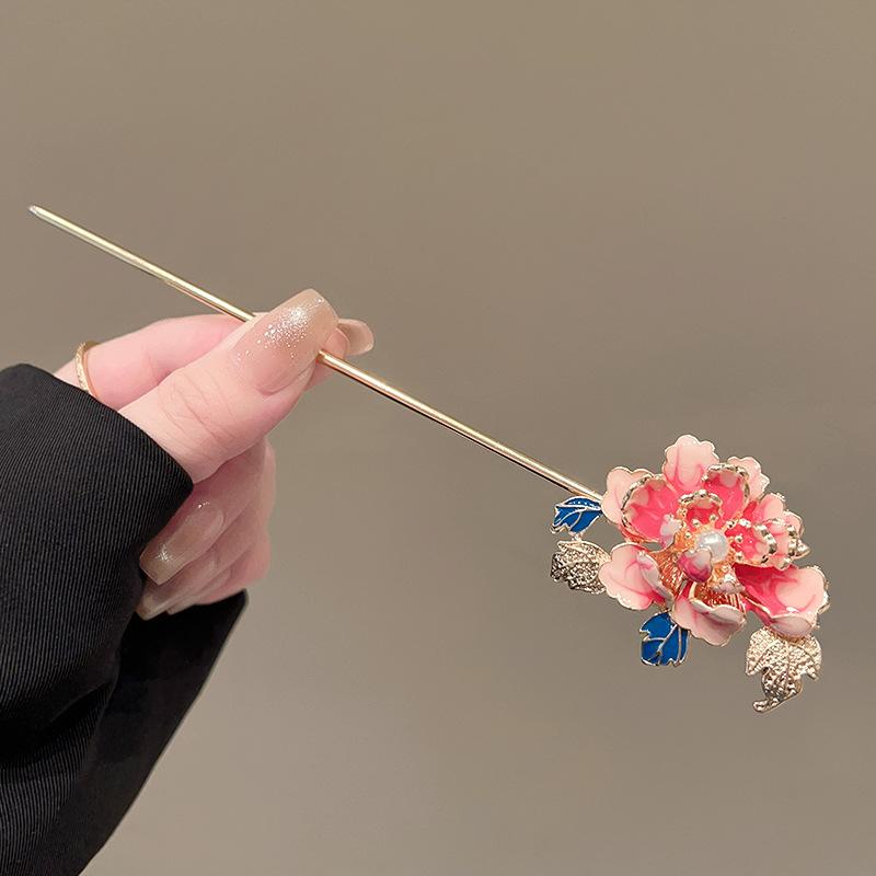 Vintage Imitation Pearl Peony Hairpin Ancient Style Pink Lotus Butterfly Hair Stick Accessory