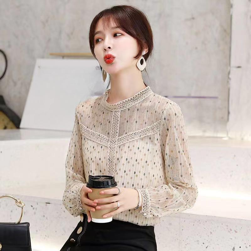 

О-образный вырез модная женская милая кружевная рубашка с принтом весенние новые элегантные женские универсальные повседневные блузки с длинным рукавом L бежевый